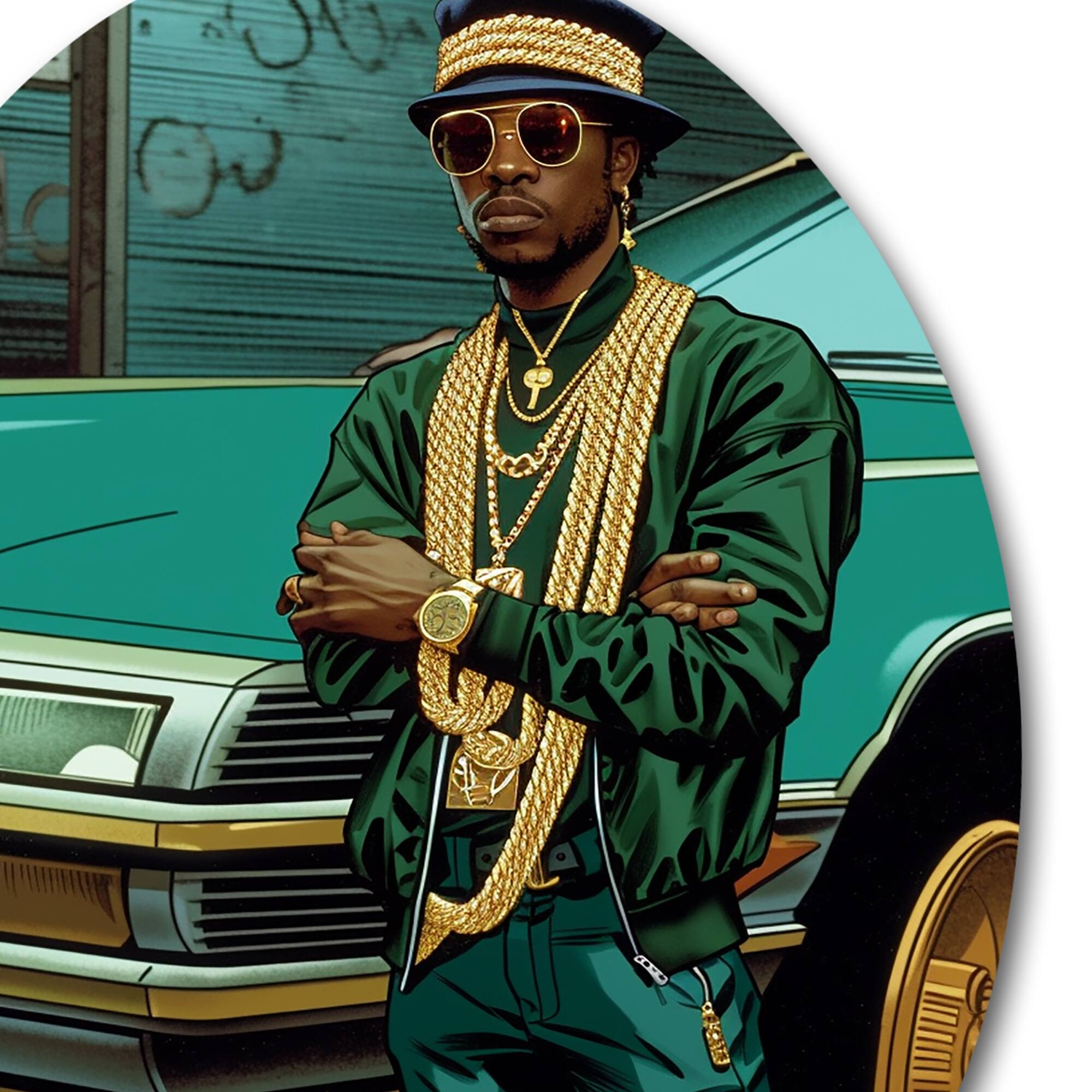 Designart "80"S Rapper With Gold Chains" Celebrity Metal Round Wall Art